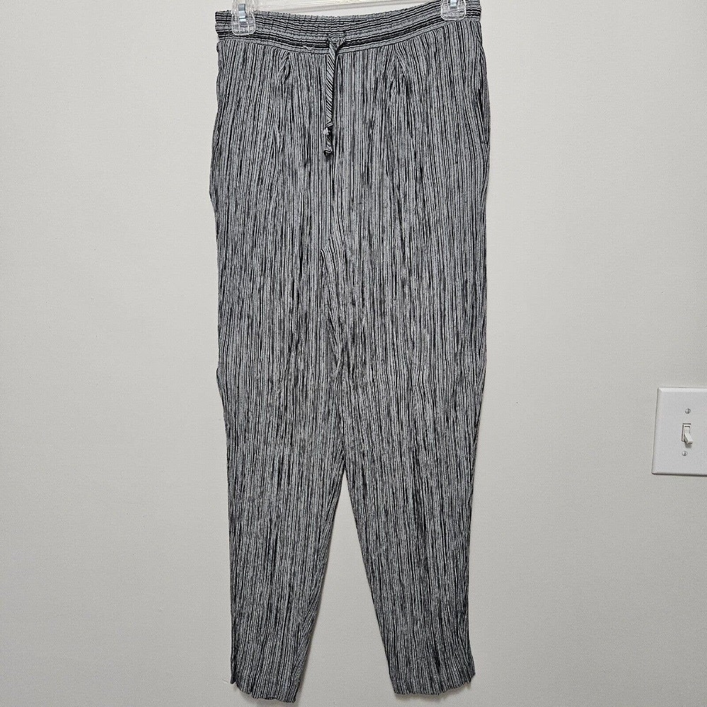 Inclinations Womens Sz S Pull On Tie Waist Straight Leg Pants BlackWhite Striped